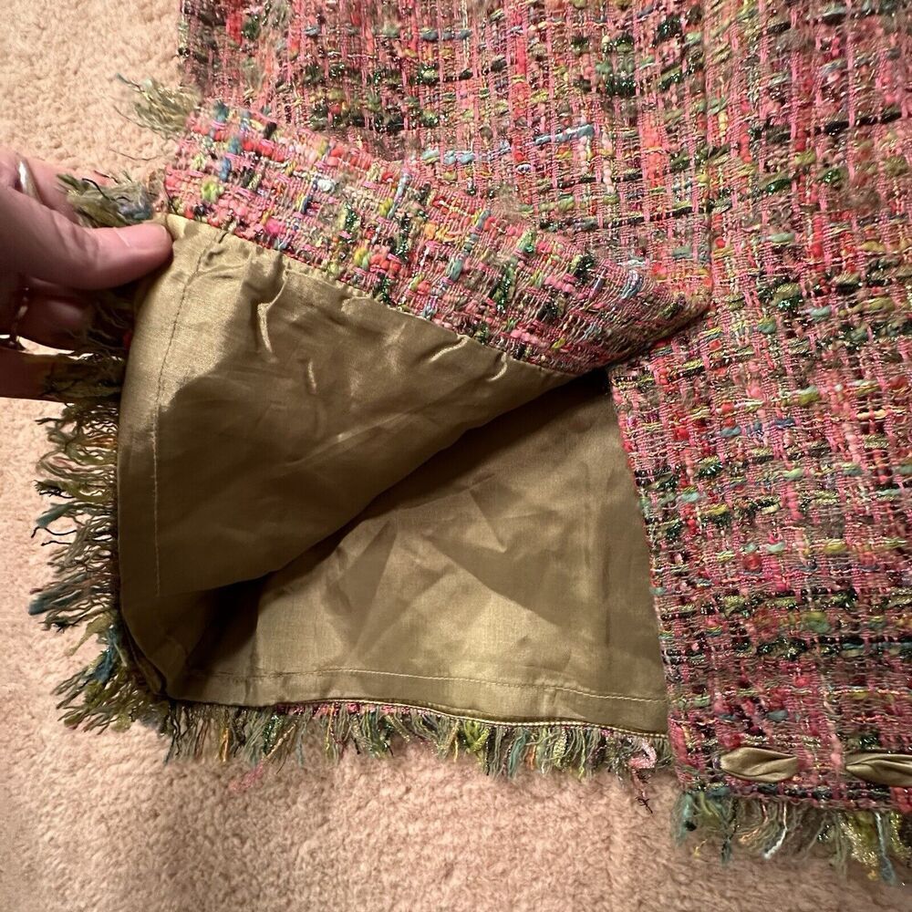 Rickie Freeman Teri Jon Tweed Pencil Skirt Bow Fringe Pink Green‎ Sz 2 - Picture 9 of 13